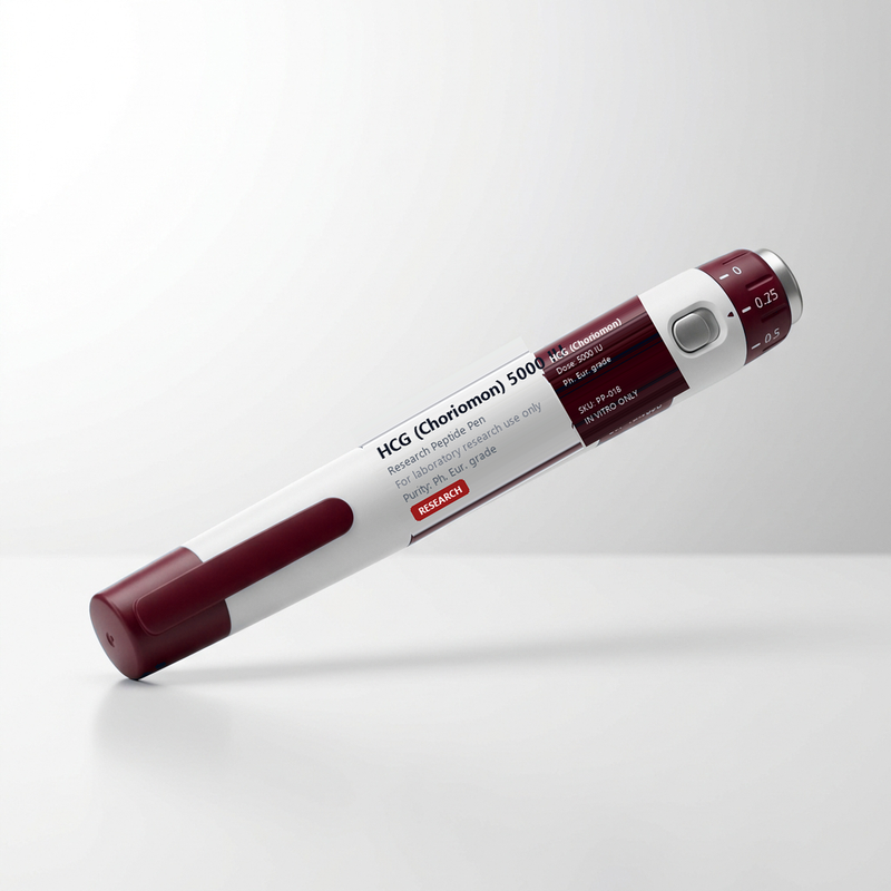 HCG Choriomon 5000 IU Research Pen (PP-018) - LH/CG receptor binding glycoprotein for hormone signaling and endocrine pathway studies. Ruby red accents. CAS 9002-61-3.