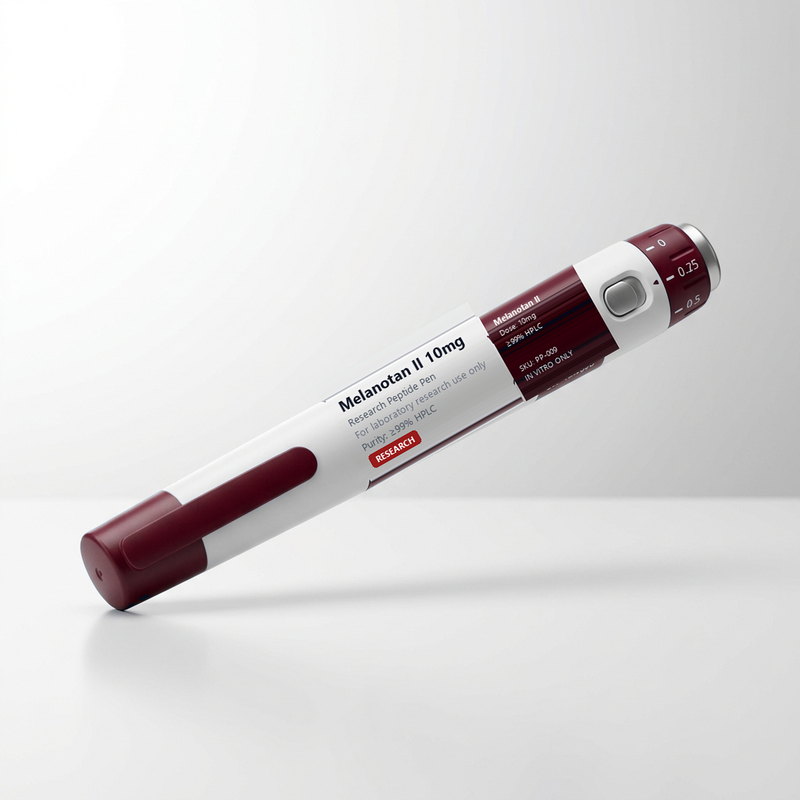 Melanotan II 10mg Research Peptide Pen (PP-009) - Melanocortin agonist for skin pigmentation, tanning pathways, and UV protection signaling. Ruby red accents. CAS 121062-08-6.