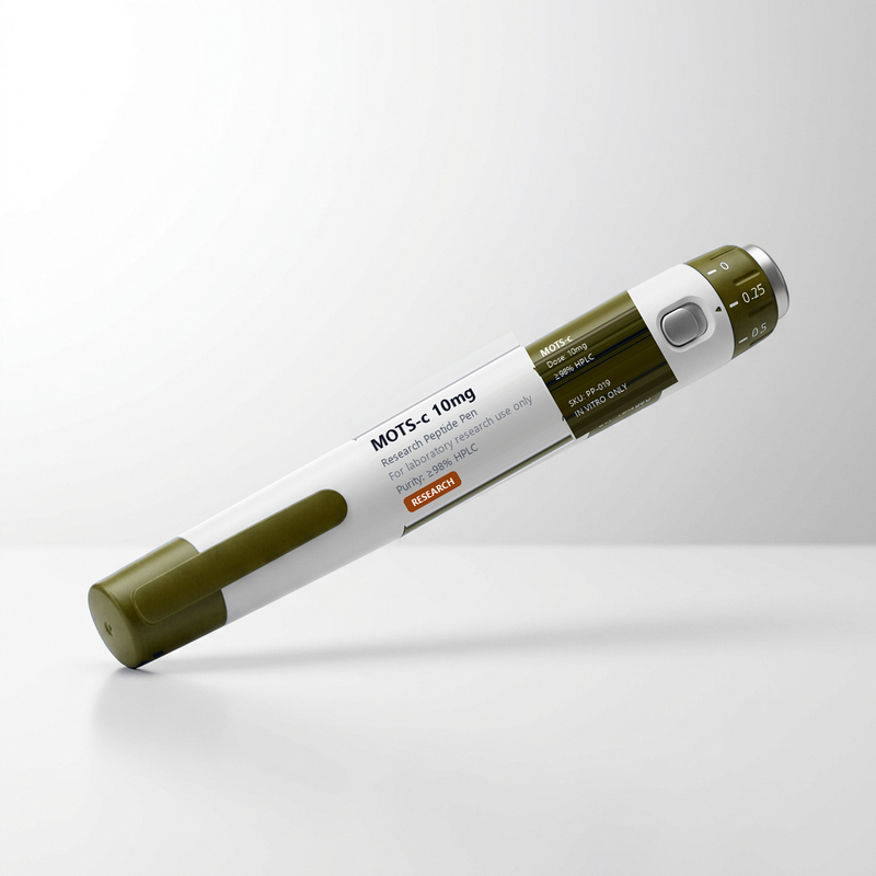 MOTS-c 10mg Research Peptide Pen (PP-019) - Mitochondrial-derived peptide for AMPK activation, glucose uptake, and insulin sensitivity pathways. Amber gold accents. CAS 1627580-64-6.