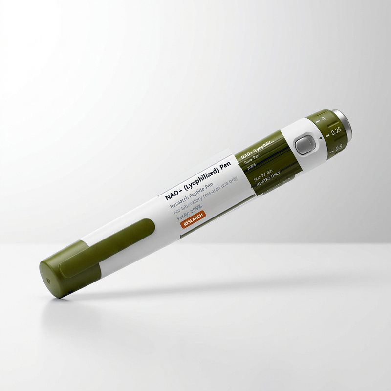 NAD+ Lyophilized Coenzyme Research Pen (PP-020) - Coenzyme for redox reactions, sirtuin activation, mitochondrial biogenesis, and cellular longevity. Amber gold accents. CAS 53-84-9.