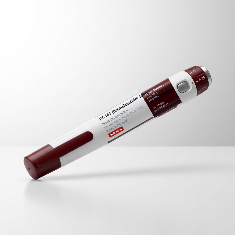 PT-141 Bremelanotide 10mg Research Peptide Pen (PP-010) - CNS pathway melanocortin receptor binding (MC3R/MC4R) and response mechanism studies. Ruby red accents. CAS 189691-06-3.