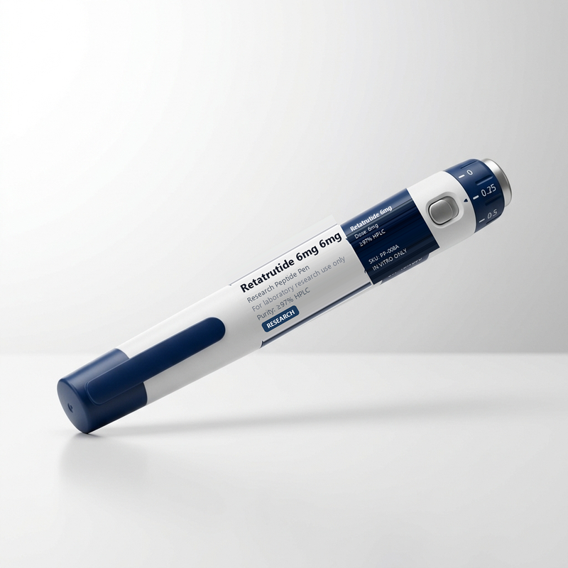 Retatrutide 6mg Research Peptide Pen (PP-008A) - GIP/GLP-1/glucagon receptor agonist for metabolic rate, satiety signaling, and energy expenditure studies. Royal blue accents. CAS 2381089-83-2.