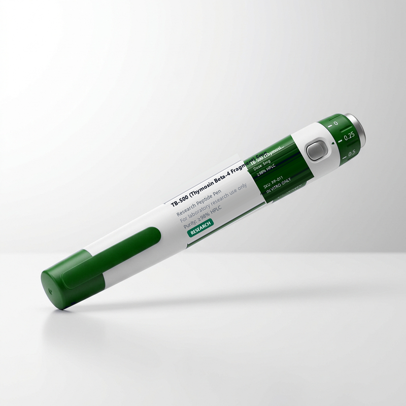 TB-500 (Thymosin Beta-4 Fragment) 5mg Research Peptide Pen (PP-011) - Cell migration, wound healing, tissue repair, and muscle recovery pathway studies. Emerald green accents. CAS 77591-33-4.